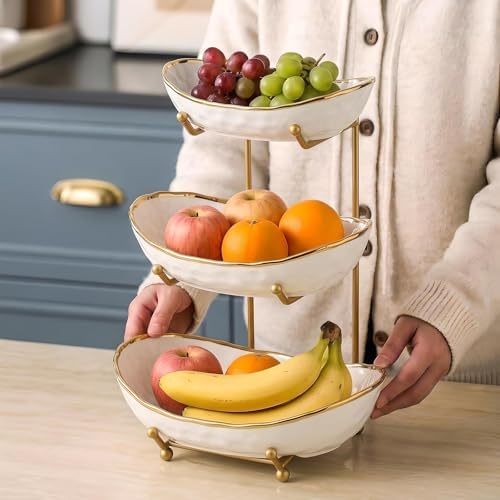 YYW 3 Tier Fruit Bowl for Kitchen Counter, White Ceramic Fruit Basket for Countertop, Home Fruit Stand with Metal Holder, Vegetable Bowl Snacks Nuts Bread Candy Storage (Gold 3-layer)