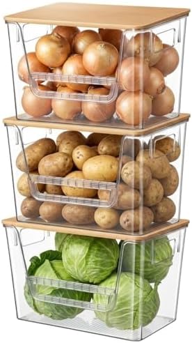 3 Set Pantry Organizers and Storage with Bamboo Lids, Stackable Clear