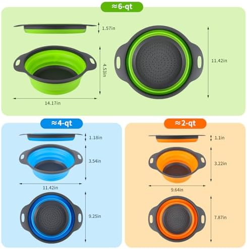 Tri-Color Silicone Collapsible Colander Set (3Pcs 2/4/6 QT) - Space
