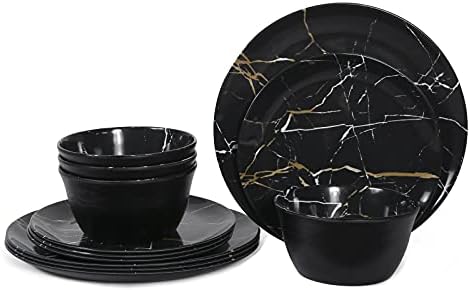 Melamine Dinnerware Sets - 12PCS Plates and Bowls Sets Black Marble
