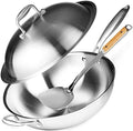 Willow & Everett Stainless Steel Flat Bottom Wok Pan, Professional Traditional Stir Fry Cookware w/Domed Lid & Spatula, Low Maintenance Rust & Scratch Resistant for Induction Gas Electric Stove Top