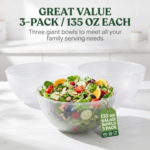 Large Plastic Salad Bowls, 3 Pack, 135oz, 10 Inch, Frosted Serving