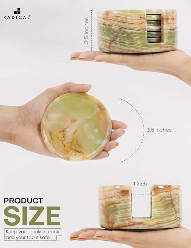 Radicaln Round Marble Coasters Set of 6 with Holder - Green Onyx Stone