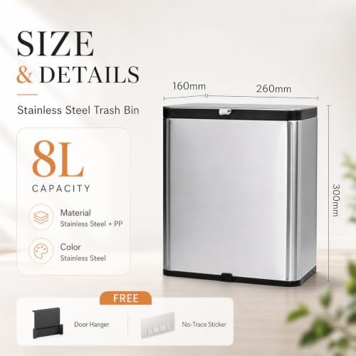 Kitchen Compost Bin, 8L / 2.1 Gal Stainless Steel