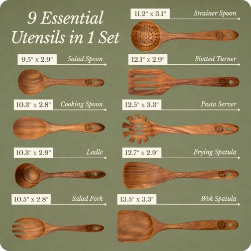 ELIBRE 9-Piece Teak Wood Kitchen Utensil Set