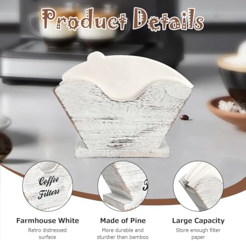 Coffee Filter Holder, Vintage White Rustic Wood #4 Cone Storage