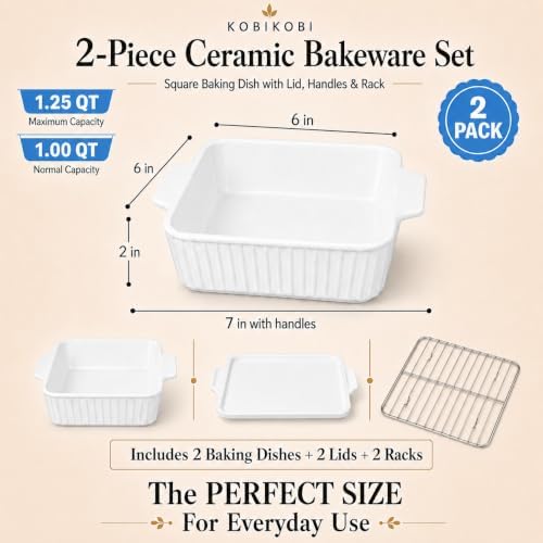 7-Inch Square Ceramic Baking Dish Set with Lids and Racks, 2 Pack