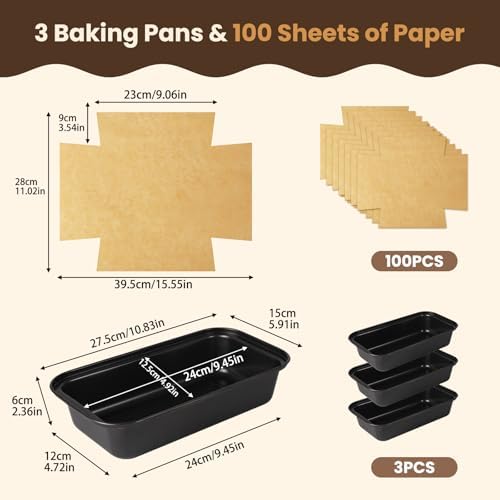 HUAKENER Loaf Pan with Liners Set, 3 Pack Loaf Pan with100 PCS Loaf