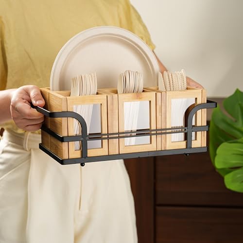 Bamboo Silverware Caddy with Paper Plate Holder