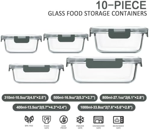 M MCIRCO 10 Pack Glass Food Storage Containers with Lids, Gray