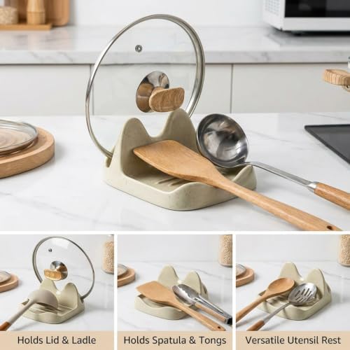 Ceramic Spoon Rest with Pot Lid Holder, 2-in-1 Spoon Holder for Stove