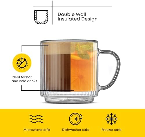 JoyJolt Haven Stackable Fluted Glass Mugs Set of 2, 5.5oz Ribbed