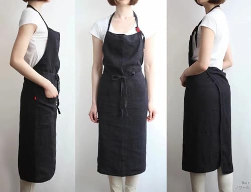 Jeelow Linen Bib Apron with Pockets for Women Men Cooking Kitchen