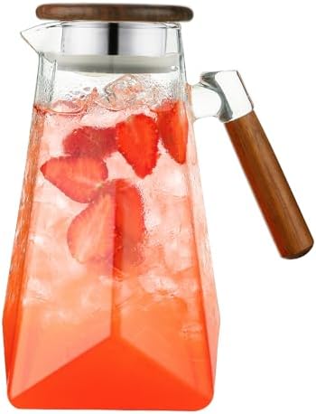 Jug 1.8L Glass Pitcher with Wooden Lid and Handle, Borosilicate Glass