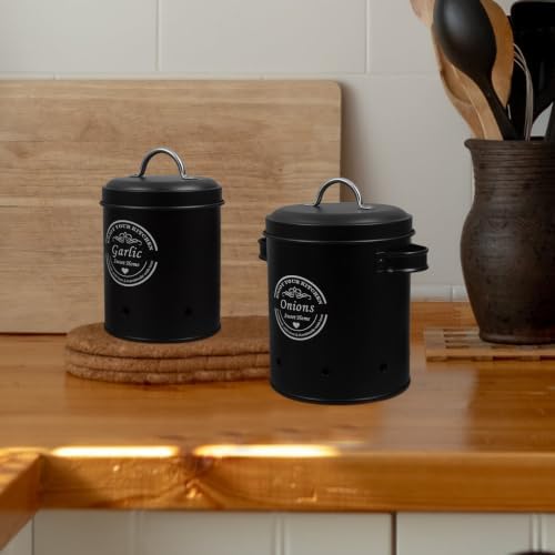 2pcs Black Metal Vegetable Storage Bin with Lid and Ventilation Holes