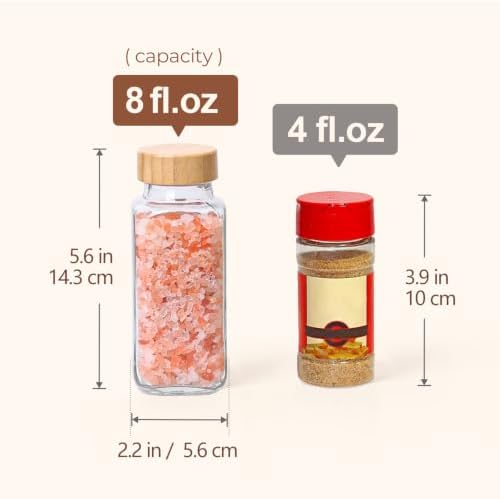 ComSaf Glass Spice Jars with Labels 8 oz 6 Pack Bamboo Lids