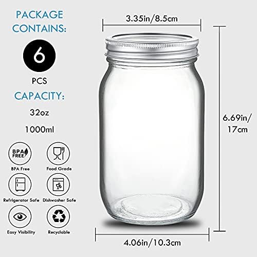 YEBODA 32 oz Wide Mouth Mason Jars, 6 Pack