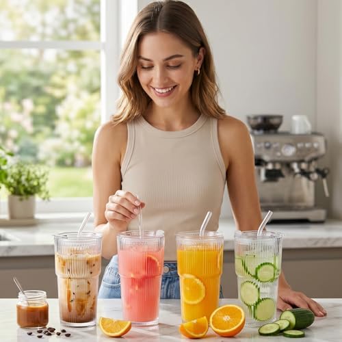 Wells 20oz Glass Cups with Lids and Straws, Ribbed Iced Coffee Cups