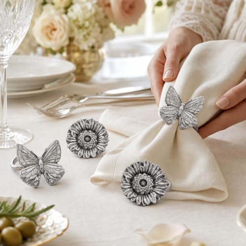 Arthur Court Napkin Ring Set - Butterfly and Flower Design - Artisan