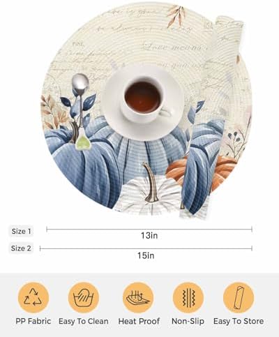 Fall Round Placemats Set of 4 Thanksgiving Blue Pumpkin Place Mats