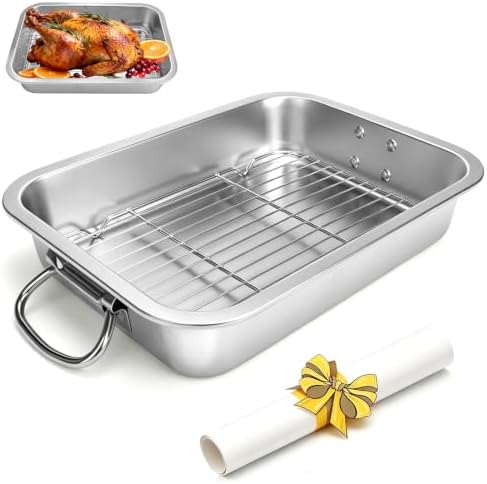 Stainless Steel Roasting Pan with Rack & Handles, 14.17 * 10.63 Inch Food-Grade Roasting Pan, Oven and Dishwasher Safe. Suitable for Turkey, Meat, Baking, Bread