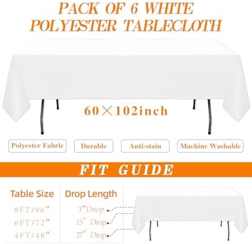 WIGENIUS 6 Pack White Table Cloth Rectangle 60X102 Inch Tablecloth Fit