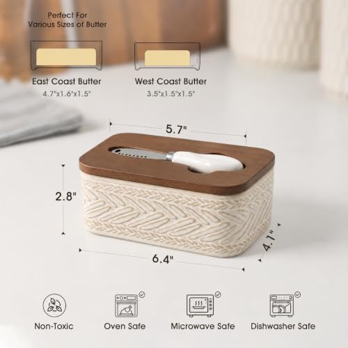 Ceramic Butter Dish with Lid and Knife, Textured Beige Pattern