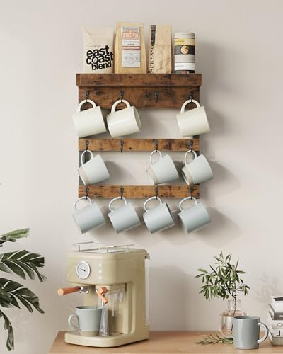 OROPY Coffee Mug Rack Wall Mounted, Rustic Wood Cups Rack, 12 Hooks &