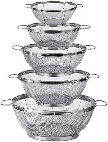 5 Pack 18/8 Stainless Steel Colander Sieves, Multi Size Mesh Strainer