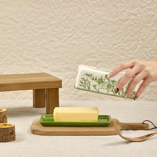 Bico Green Garden Toile Ceramic Butter Dish with Lid, Wide Butter