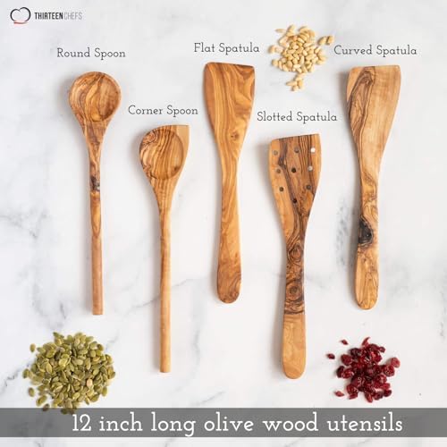 Tramanto Olive Wood Utensil Set - 5 Piece Spatula and Spoon Wooden