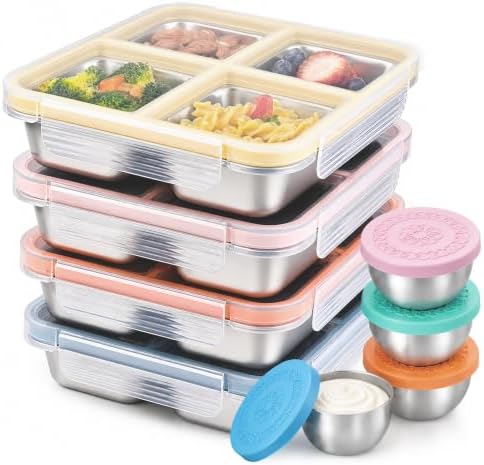 PUNOMO 4 Pack Stainless Steel Snack Containers with 4 Salad Dressing