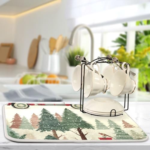 OTVEE Red Truck Xmas Joy Dish Drying Mat for Kitchen Counter Absorbent