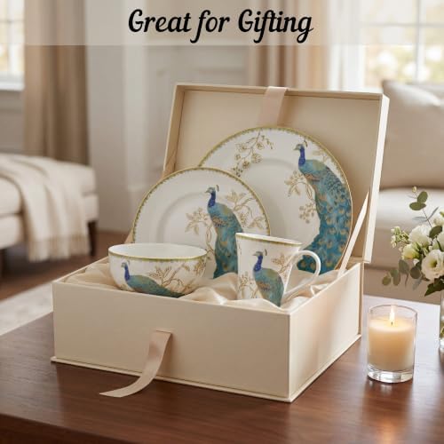 222 Fifth 16-Piece Porcelain Dinnerware Set for 4, Elegant Plates and