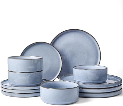 Famiware Annecy 12-Piece Stoneware Dinnerware Set, Reactive Blue