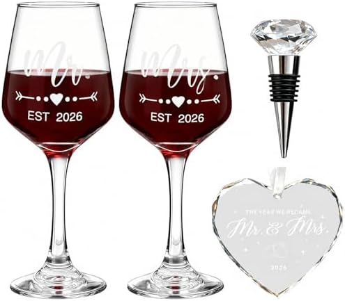DHQH Mr and Mrs Wine Glasses Gift Set, Engagement Wedding Gifts for