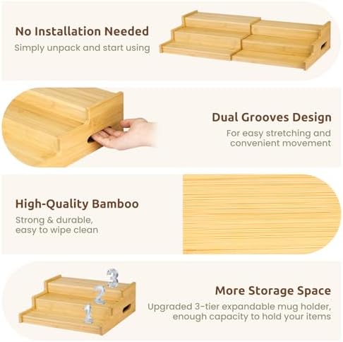 3-Tier Expandable Bamboo Mug Holder for Countertop Coffee Cup Holder