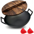 NutriChef 14" Cast Iron Wok with Wooden Lid - Pre-Seasoned Kadai for Stir-Fry with Loop Handles, Compatible with Multiple Cooktops Including Induction, Large 5.8 Qt Capacity