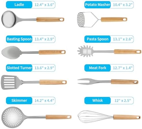 Keewah Cooking Utensil Set, 8 Piece, Stainless steel with Wood Handle