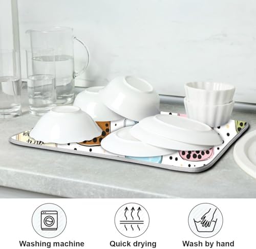 OTVEE Drink Pattern Art Dish Drying Mat for Kitchen Counter Absorbent