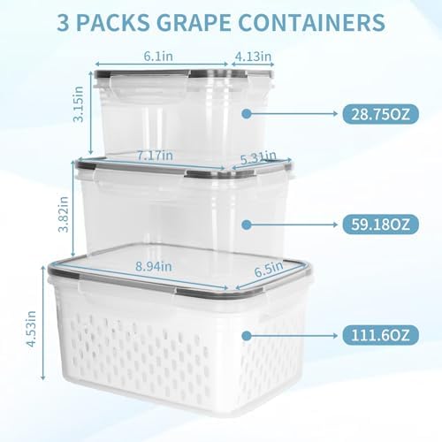 3 Pack Grape Containers for Fridge, 0.9-13.5 Qt