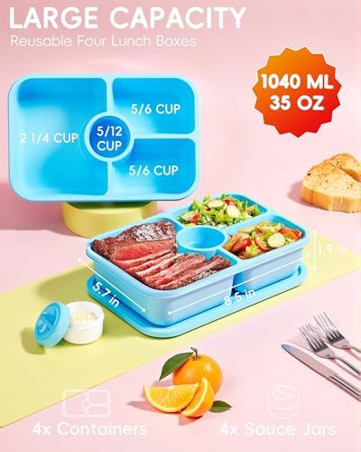 Canfanni 4 Pcs Bento Snack Box Containers, 4 Compartment Divided