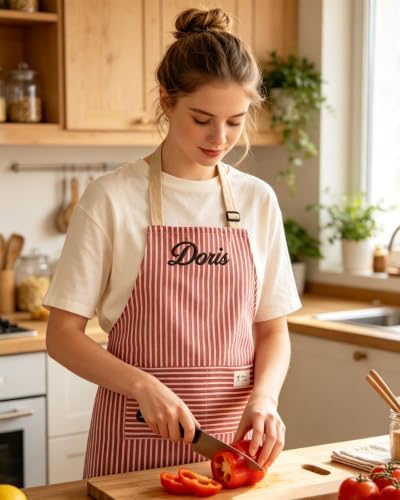 Custom Embroidered Striped Kitchen Apron with Adjustable Strap & 2