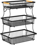 3 Tier Fruit Basket for Kitchen Counter with 2 Banana Hangers, Countertop Metal Fruit Bowl with Wooden Handle, Large Storage Stand for Vegetables, Snacks, Breads, Produce Storage – Black