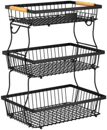3 Tier Fruit Basket for Kitchen Counter with 2 Banana Hangers, Countertop Metal Fruit Bowl with Wooden Handle, Large Storage Stand for Vegetables, Snacks, Breads, Produce Storage – Black