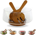 Large Glass Salad Bowl Set with Acacia Wood Base & Salad Servers