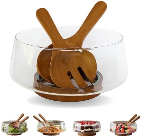 Large Glass Salad Bowl Set with Acacia Wood Base & Salad Servers