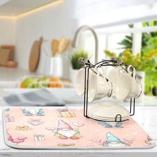 OTVEE Gnome Love Art Dish Drying Mat for Kitchen Counter Absorbent