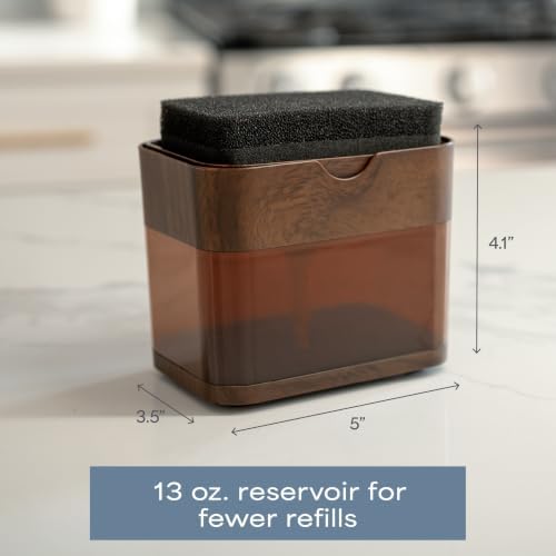 S&T INC. Dish Soap Dispenser and Sponge Holder, Walnut and Amber