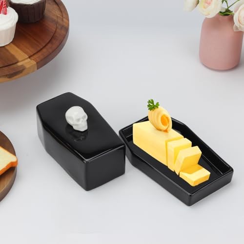 Ceramic Butter Dish with Lid Set Gothic Skull Shape Butter Container